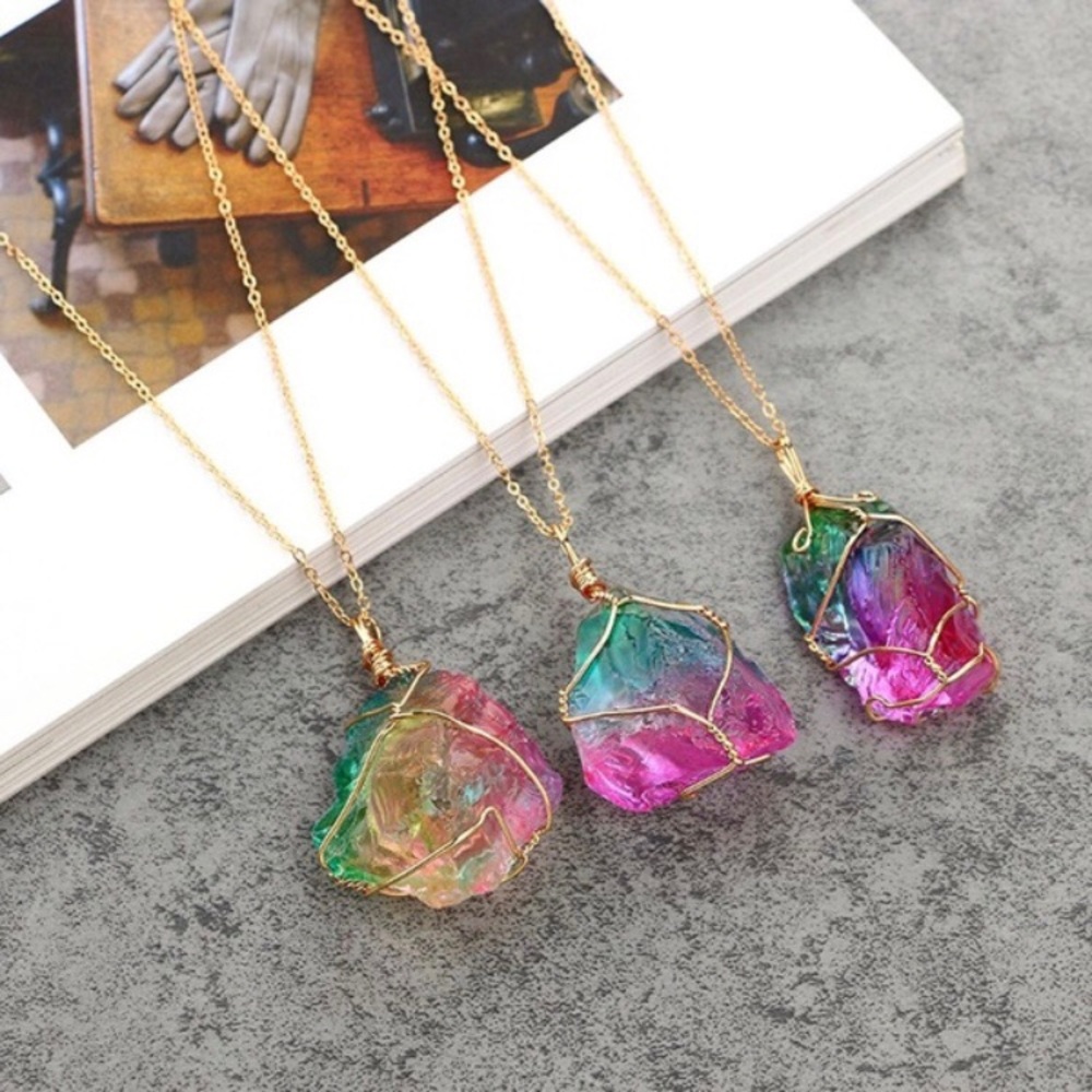 Natural Crystal Rainbow Colored Pendant Necklace
